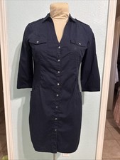 Navy Blue Women Love Mango Basic Shirt Dress Size M Pockets V Neckline Cotton