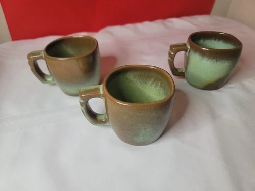 Set of 3  VTG Frankoma Plainsman Prairie Green Retired 5C Coffee Tea CUP