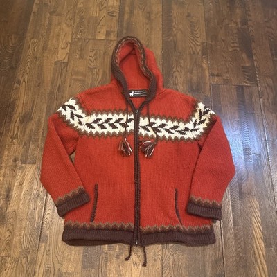 Alpaca Connection 100% Alpaca Wool Hooded Full Zip Sweater Red Peru M