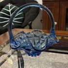 Fenton Glass Blue Basket Glass Basket Dish Finger Thumbprint Marked Candy