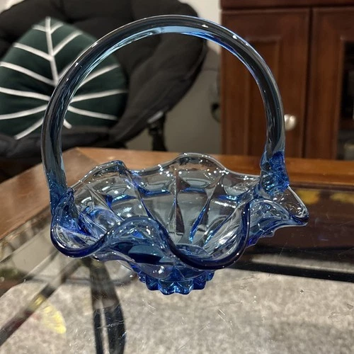 Fenton Glass Blue Basket Glass Basket Dish Finger Thumbprint Marked Candy