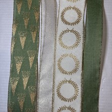Christmas Wired Ribbon Gold Cream Green Christmas Tree Design 20 Yards Total