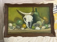 Southwest Original Wall Art Cow Skull Green Signed E Melton Western Fantastic