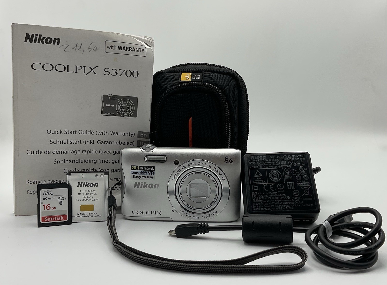 Nikon Coolpix S3700 20,1 Mp 8x Fotocamera Digitale Sd 16 Gb Caricabatteria Case