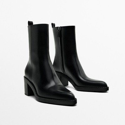 Massimo Dutti Women's Leather Ankle Boots Pointed Toe Chunky Heel Side Zip