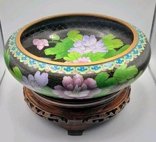 JINGFA Chinese Cloisonne Enamel Floral Bowl Dish with Wooden Stand Display 23 cm