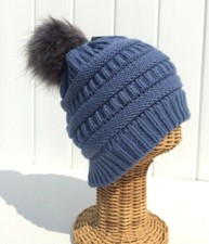 New Winter Warm Knit with Faux fur Pom Stretchy Ski Beanie hat Soft Blue G