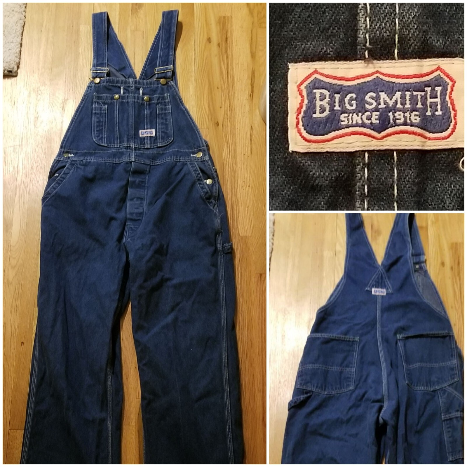 BIG SMITH Bib Overalls 34 X 29.5" Blue Cotton Denim C… Gem