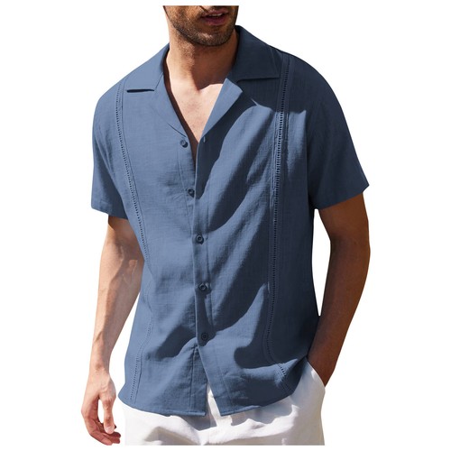 Camisa Top Verano Para Hombre Lino Suelta Informal Color Sólido Botón Cuello en V Manga Corta - Imagen 39 de 42
