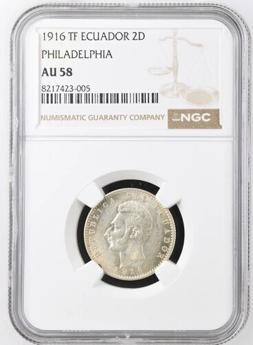 ECUADOR  2  DECIMOS  1916 TF  PHILADELPHIA   KM # 51.4  NGC AU 58.