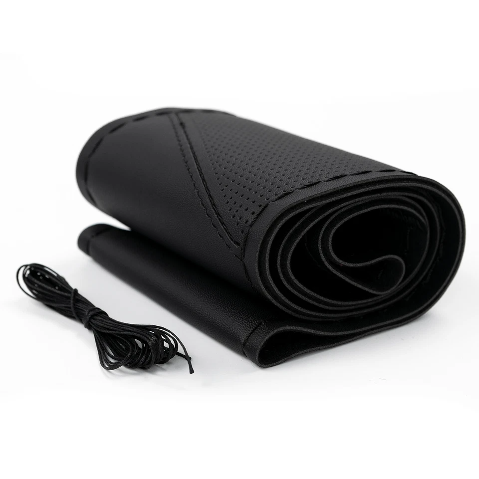 15'' Black Car Hand Sew Steering Wheel Cover DIY GENUINE UFL Leather Non Slip - Image 2 of 4