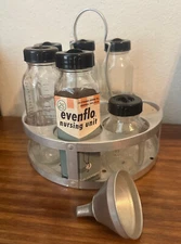 Vintage EVENFLO Glass Baby Bottles w Metal Caddy Holder +