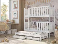 Image of Brand New Modern Pine Kids Bunk Bed Emily in White with Trundle and Storage