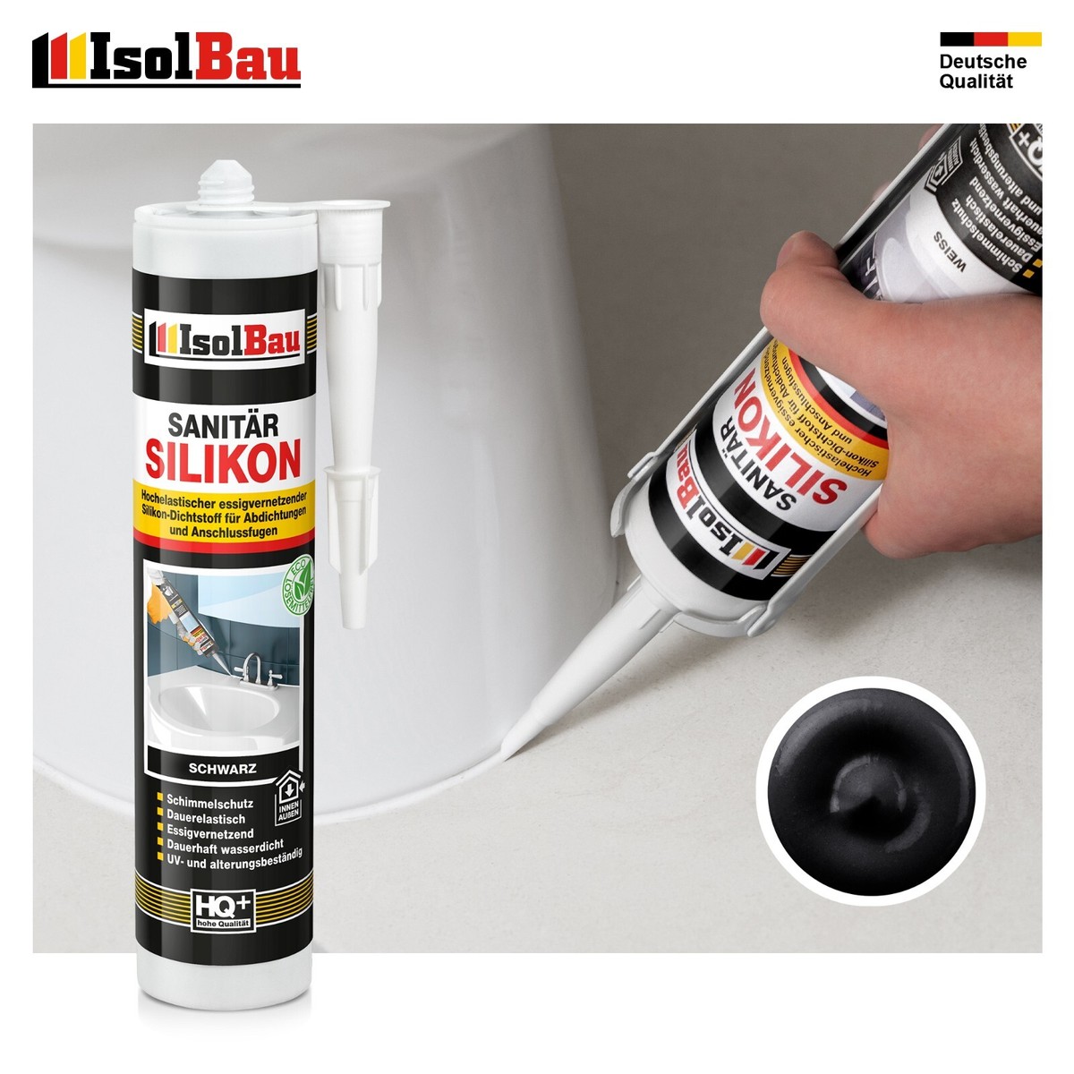 Isolbau Sanitär-Silikon Schwarz – 5x 300 Ml Kartuschen, Fungizid, Für Bad, Küche & Dusche, Made In Germany
