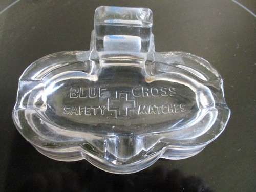 Antique BLUE CROSS SAFETY MATCHES Glass Avertising Ashtray Match Holder vintage - Picture 5 of 11
