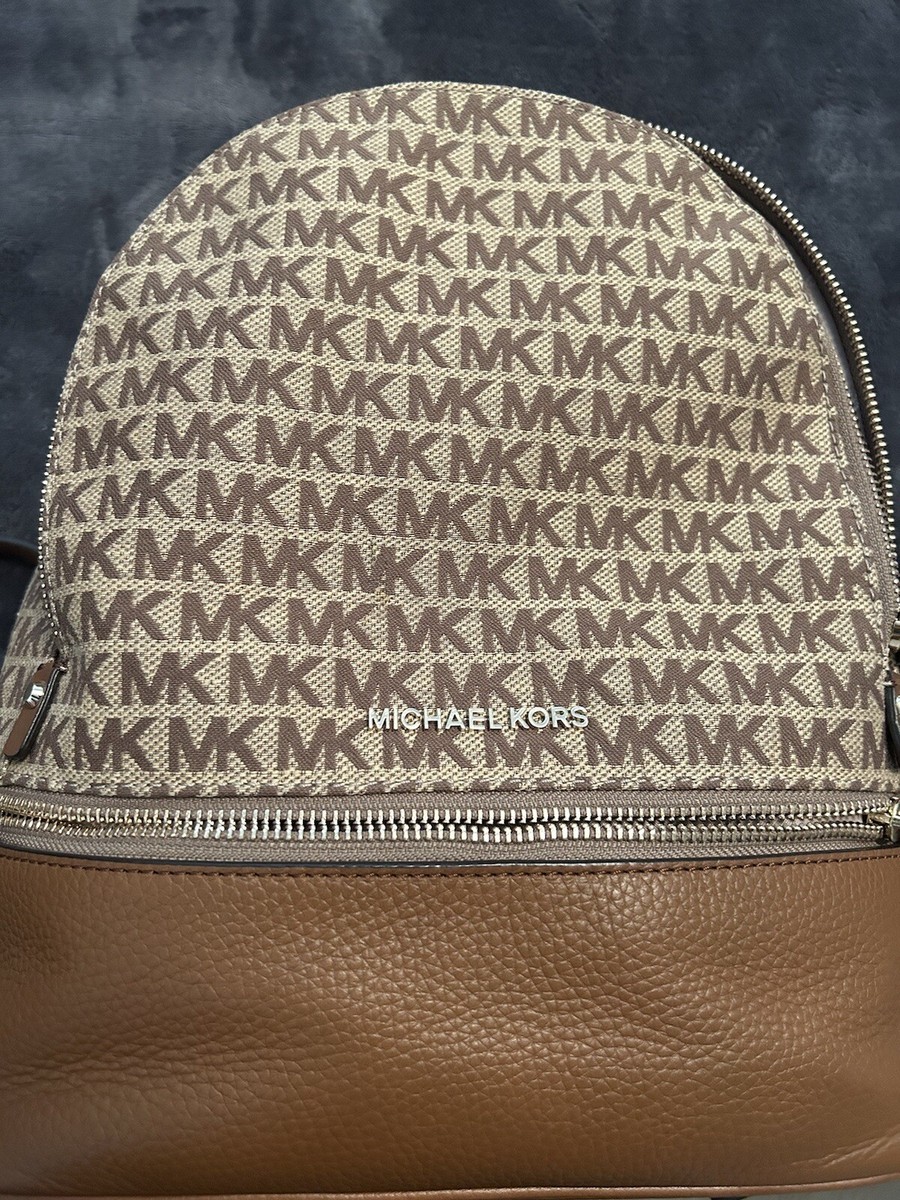 Michael Kors Rhea Zip Medium Ebony Jacquard Backpack -Beige/Brown