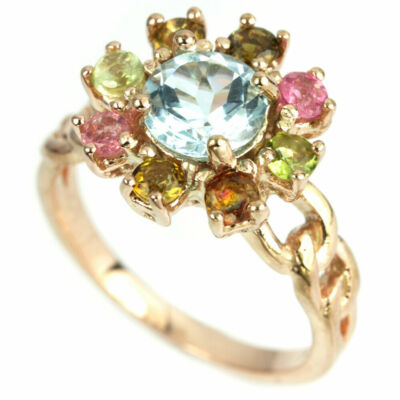 Anillo Flor de Plata 925 con Topacio Azul Cielo AAA Con Turmalina en Colores 