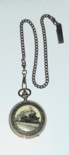 SILVER METAL TRAIN LOCOMOTIVE POCKET WATCH W/ CHAIN Faux Porcelain vg