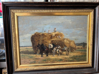 Old Original Oil Painting '' Grain Harvest '' V. Prof. August Voigt-Fölger