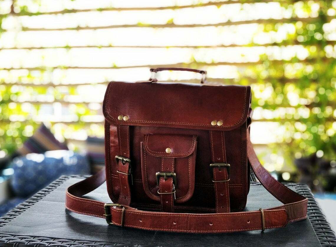 Vintage Brown Leather Crossbody Laptop Bag Large Office Work Rucksack