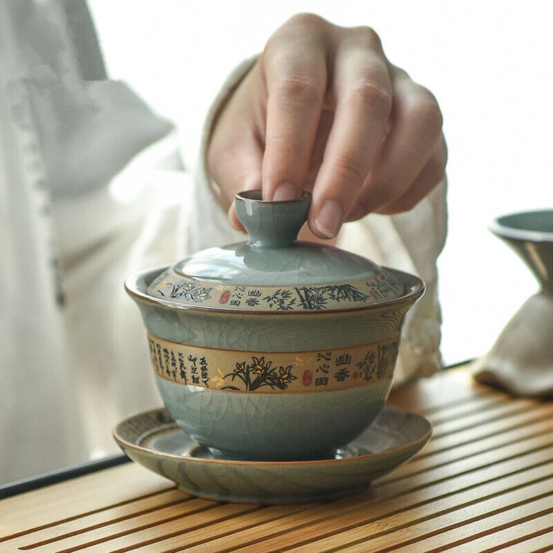 Tea Bowl Ceramic Kung Fu Tea Set Gaiwan Cup Bowl Crackle Glaze Porcelain Tureen - Image 4 of 4
