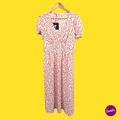 V BY VERY Women's Midi Dress, V-Neck, Floral Print, Pink/White, UK 14 | EU 42