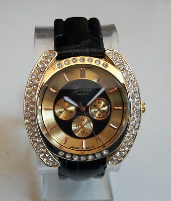 Men's gold & black leather band fashion hip hop casual watch