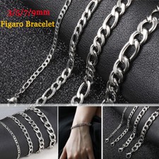 3/5/7/9mm Mens Figaro Chain Bracelet Silver or Gold Plated Stainless Steel Link
