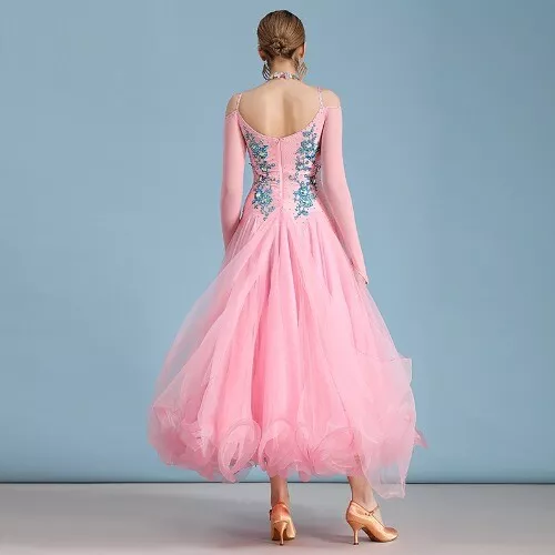 Pink Contrast Color Off Shoulder Ballroom Competition Dance Dress Waltz Dress
