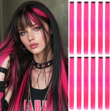 12 PCS Hot Pink Hair Extensions Clip in Colored Party 20 Inch Highlight