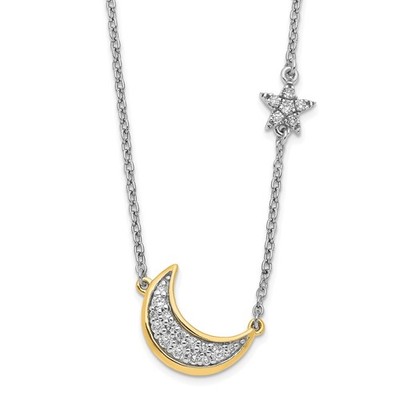 14k Bicolor 1/6 Karat Diamant Halbmond Mondsichel mit Stern 18 Zoll Halskette