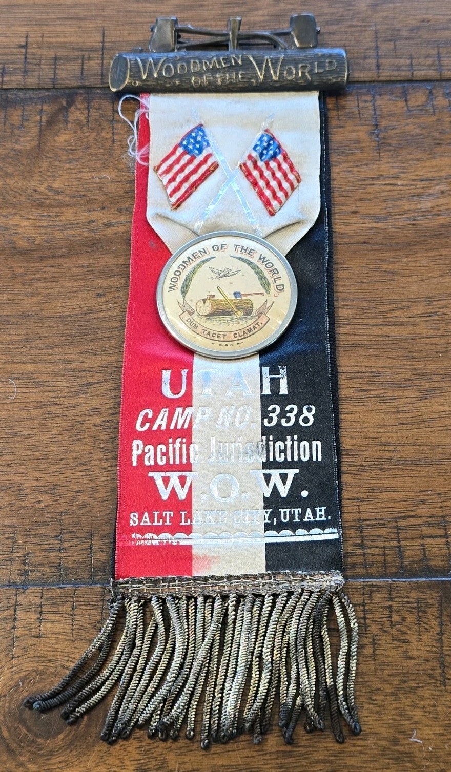 Red Ribbon Flags Use ANTIQUE WOODMEN OF THE WORLD UTAH RIBBON PIN MEDAL EARLY CELLULOID ...