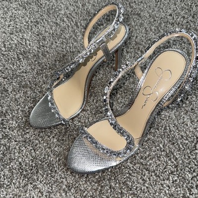    New Women size 8.5 Jessica Simpson heels Silver Metallic With Rhinestones
