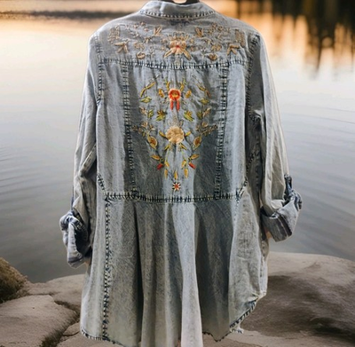 #ad NOSTALGIA Acid Wash Denim Floral Embroidery Button Up Shirt Convertible Sleeves $35.00