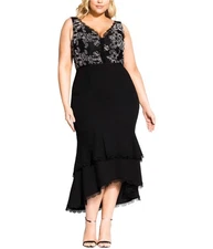 City Chic Womens Lace High-Low Cocktail Dress, Black, Plus Size, M/18W