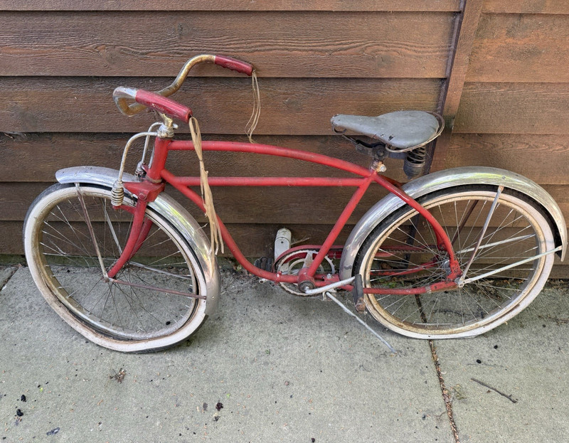 Vintage Red Cruiser Bicycle with Fenders, Whitewall Tires & Saddle Seat