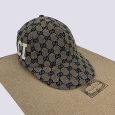Gucci GG Monogram Patch Logo Cotton Canvas Baseball Cap Hat Gray Size M