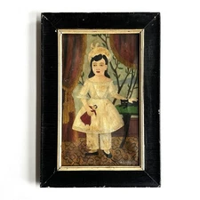 American School 19th C. Portrait Young Girl in White Dress Signed Oil Painting