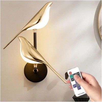 Led Gold Bird Wall Lamp, Magpie Wall Lamp, Dimmable Wall Sconce with Remote