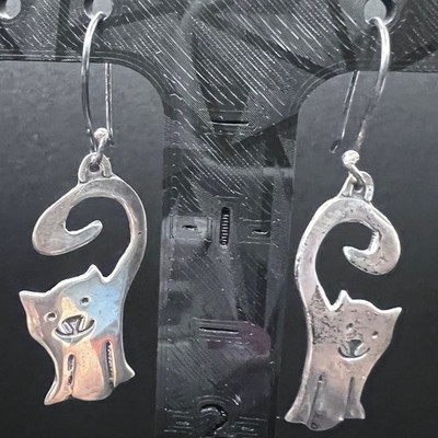 Vtg Mexico Sterling Silver Cat Earrings Dangle Drop Anthropomorphic Figural 5g