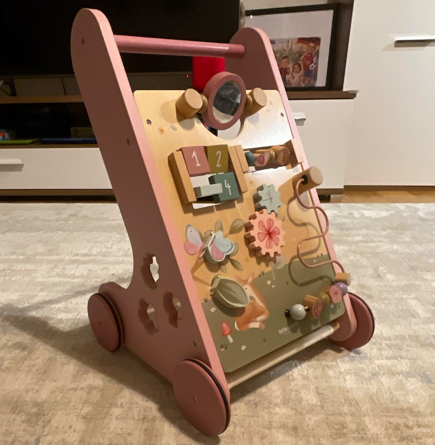 Little Dutch Lauflernwagen Holz rosa mit Activity-Board/Spielboard