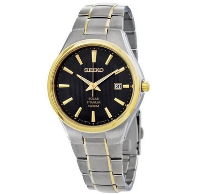 Seiko Men's Solar Two-Tone Titanium Wristwatch Black Dial Date 100m
