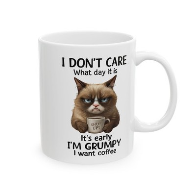 Funny Cat Mug 11oz Grumpy Coffee Cup I Don't Care Quote Ceramic Gift for Coworkr
