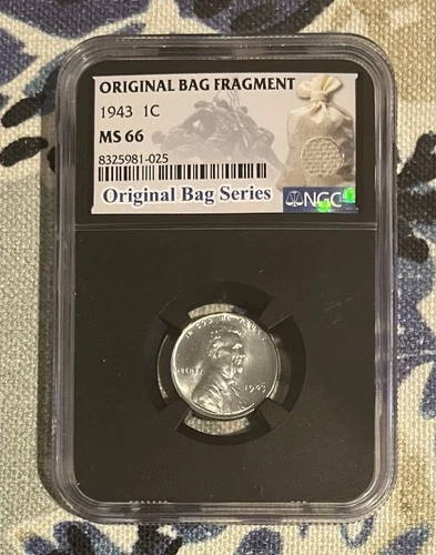 1943-P Lincoln Steel Wheat Cent, NGC MS 66, Original Bag Fragment Label