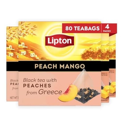 Lipton Black Tea Peach Mango 4-Pack Pyramid 80 Bags (Single Flavor)