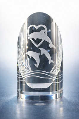 Clear Crystal Dolphin Figurine Paperweight   Etched Triple Dolphin & Heart Motif