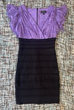 Dressbarn Purple/Black Lace Floral Sheath Dress V-Neck Flutter Sleeve Size 4