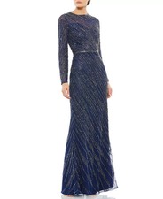 Mac Duggal Midnight Blue Long Sleeve Gold Beaded Column Gown Size 6 $598