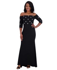 Eliza J Women's Beaded 3/4-Sleeve Off-The-Shoulder Gown - Black - 8