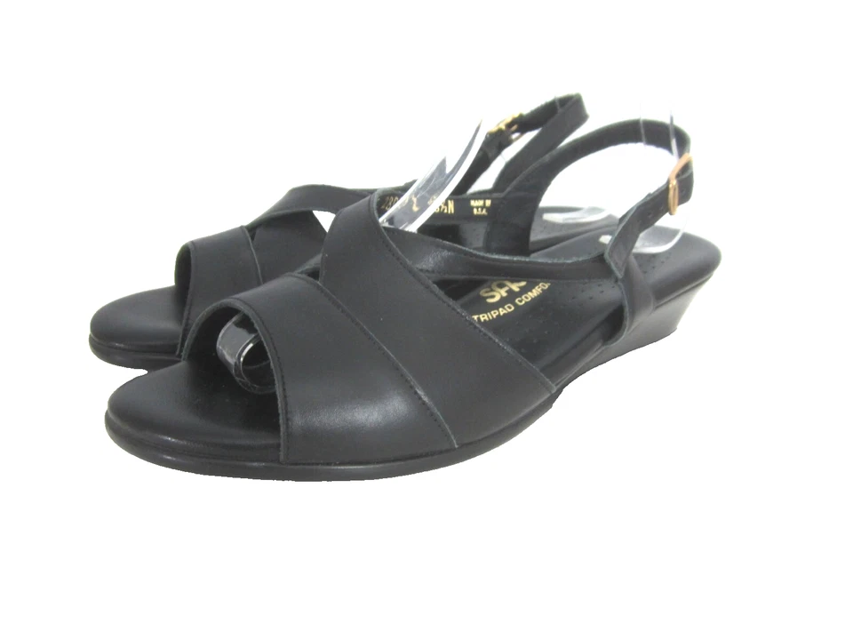 SAS Tripad Caress 8.5 N Black Leather Wedge Sandals Made USA Narrow Open Toe - Image 2 of 4